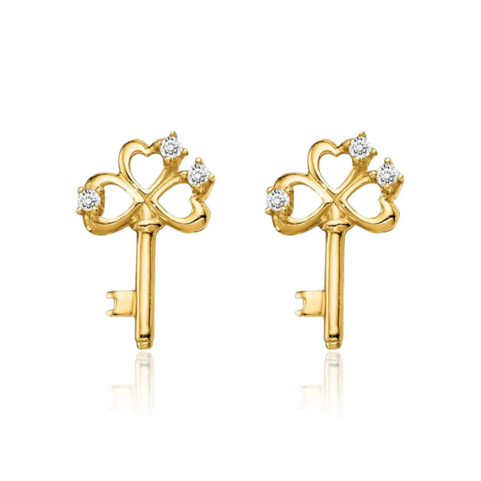 14K Solid Yellow Gold Cubic Zirconia CZ Key Stud Earrings