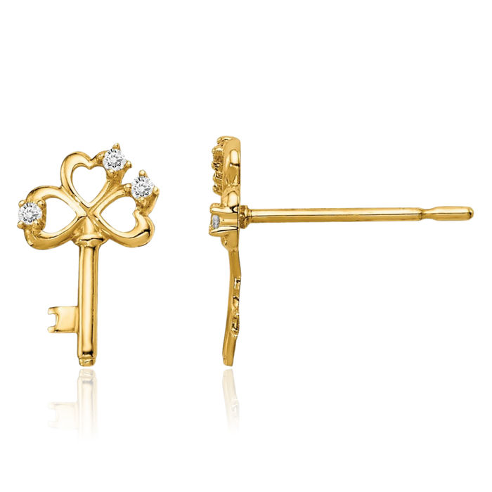 14K Solid Yellow Gold Cubic Zirconia CZ Key Stud Earrings