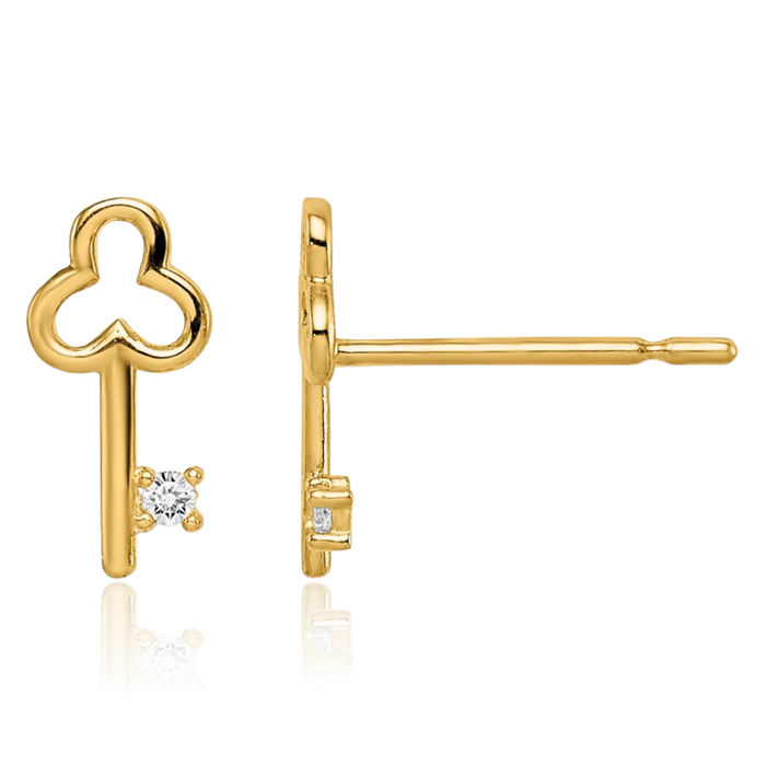 14K Solid Yellow Gold Cubic Zirconia CZ Key Stud Earrings