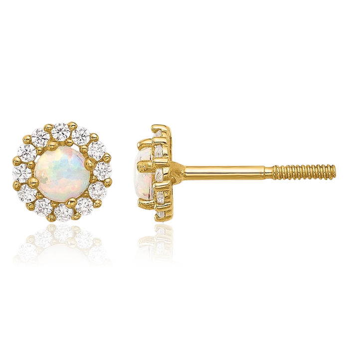 14K Solid Yellow Gold Cubic Zirconia CZ Lab Opal Circle Round Screw Back Stud Earrings October Birthstone Jewelry