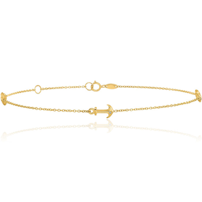 14K Solid Yellow Gold Cubic Zirconia CZ Anchor Mariner Link Chain Anklet Summer Beach Foot Ankle Bracelet