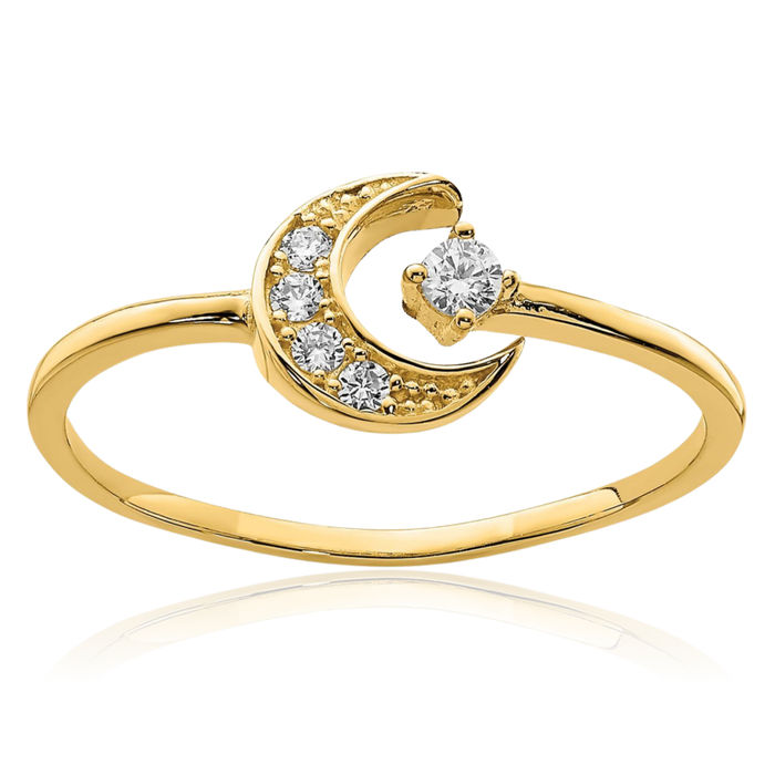 14K Solid Yellow Gold Cubic Zirconia CZ Crescent Moon Ring Celestial Jewelry