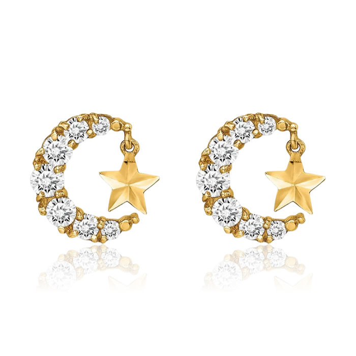 14K Solid Yellow Gold Cubic Zirconia CZ Crescent Moon Star Drop Dangle Earrings Celestial Jewelry