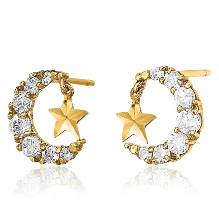 14K Solid Yellow Gold Cubic Zirconia CZ Crescent Moon Star Drop Dangle Earrings Celestial Jewelry