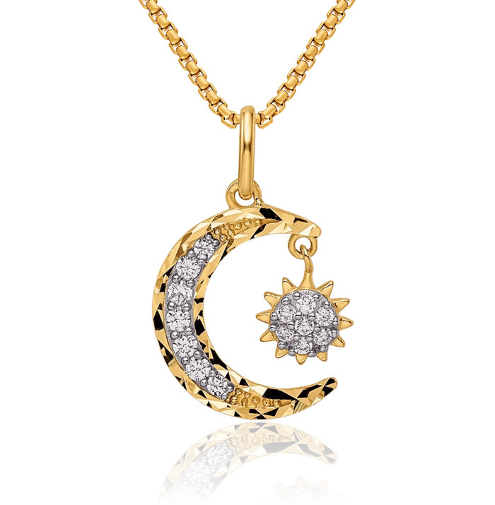 14K Solid Yellow Gold Cubic Zirconia CZ Crescent Moon Star Necklace Chain Pendant Charm Celestial Jewelry