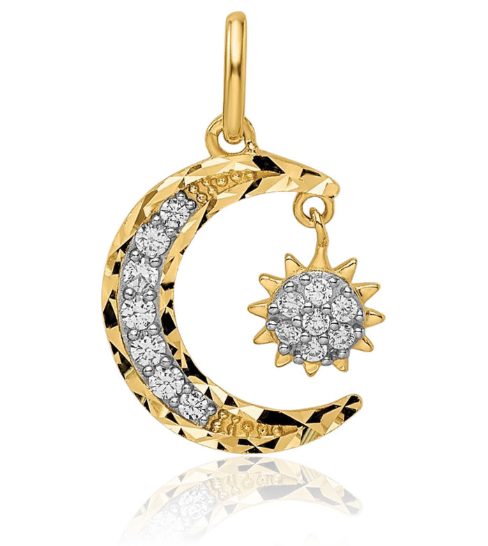 14K Solid Yellow Gold Cubic Zirconia CZ Crescent Moon Star Necklace Chain Pendant Charm Celestial Jewelry