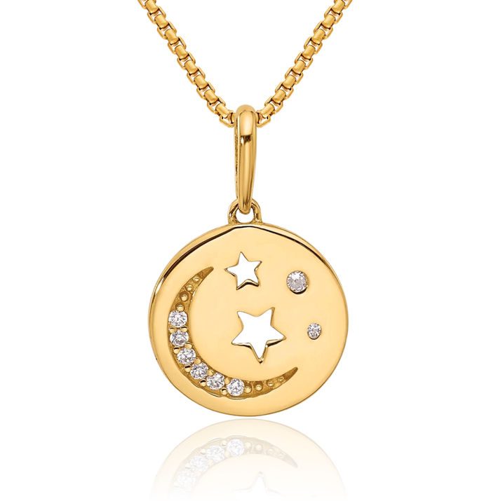 14K Solid Yellow Gold Cubic Zirconia CZ Crescent Moon Stars Disc Necklace Chain Pendant Charm