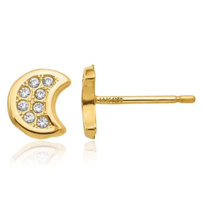 14K Solid Yellow Gold Cubic Zirconia CZ Crescent Moon Stud Earrings Celestial Jewelry