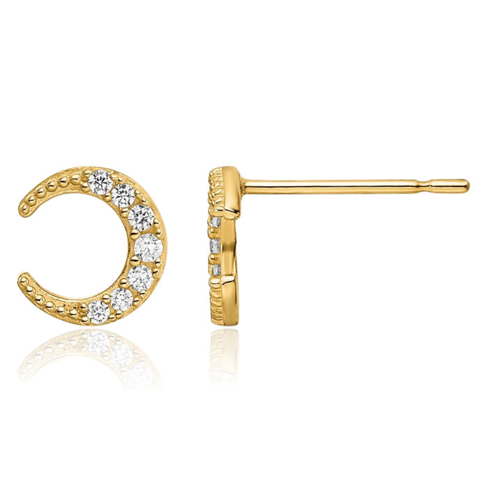 14K Solid Yellow Gold Cubic Zirconia CZ Crescent Moon Stud Earrings Celestial Jewelry