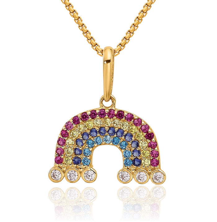 14K Solid Yellow Gold Cubic Zirconia CZ Rainbow Multi-color Clouds Necklace Chain Pendant Charm