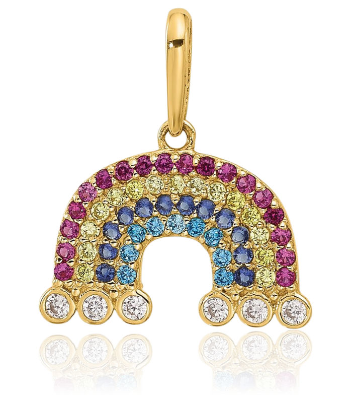 14K Solid Yellow Gold Cubic Zirconia CZ Rainbow Multi-color Clouds Necklace Chain Pendant Charm