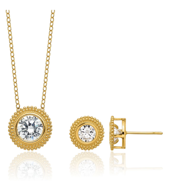 14K Solid Yellow Gold Cubic Zirconia CZ Necklace Chain Stud Earrings Set