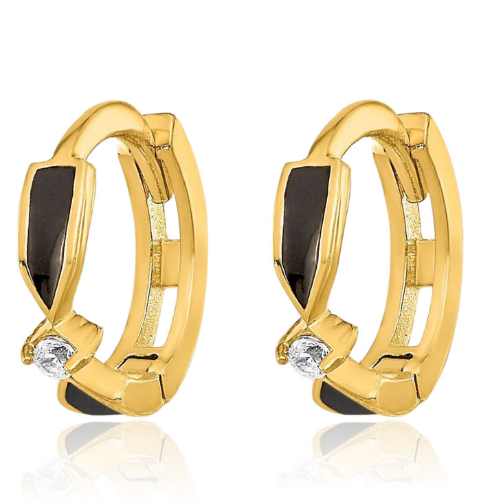 14K Solid Yellow Gold Cubic Zirconia CZ Black Onyx Round Huggie Small Hoop Earrings