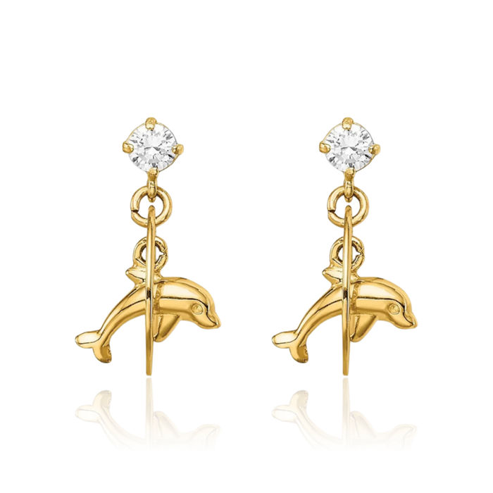 14K Solid Yellow Gold Cubic Zirconia CZ Oval Sea Dolphin Ocean Fish Beach Nautical Drop Dangle Earrings