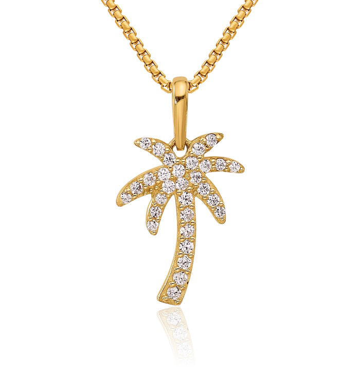 14K Solid Yellow Gold Cubic Zirconia CZ Palm Tree Necklace Summer Beach Pendant Tropical Charm