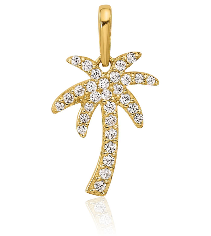 14K Solid Yellow Gold Cubic Zirconia CZ Palm Tree Necklace Summer Beach Pendant Tropical Charm