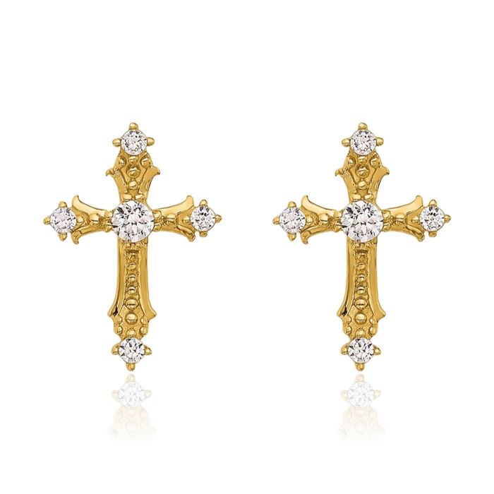 14K Solid Yellow Gold Cubic Zirconia CZ Passion Holy Cross Drop Dangle Christian Religious Stud Earrings