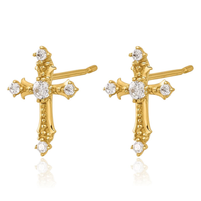 14K Solid Yellow Gold Cubic Zirconia CZ Passion Holy Cross Drop Dangle Christian Religious Stud Earrings