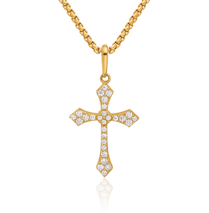 14K Solid Yellow Gold Cubic Zirconia CZ Passion Holy Cross Necklace Religious Chain Pendant Jesus Christ Charm