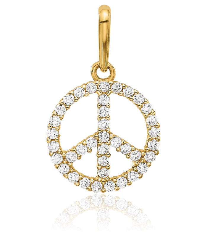 14K Solid Yellow Gold Cubic Zirconia CZ Peace Sign Inspirational Symbol Necklace Chain Pendant Charm