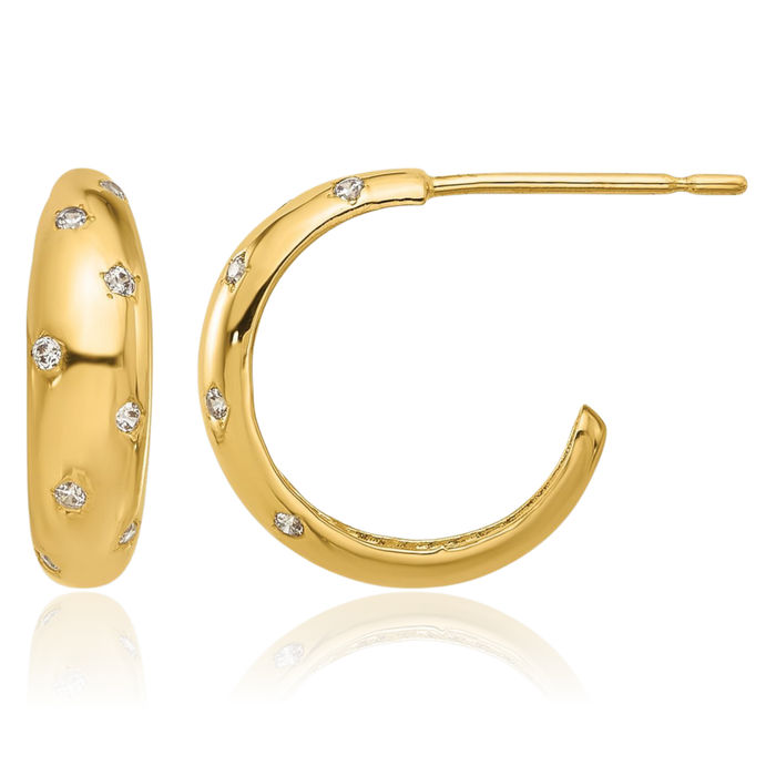 14K Solid Yellow Gold Cubic Zirconia CZ Post Hoop Earrings