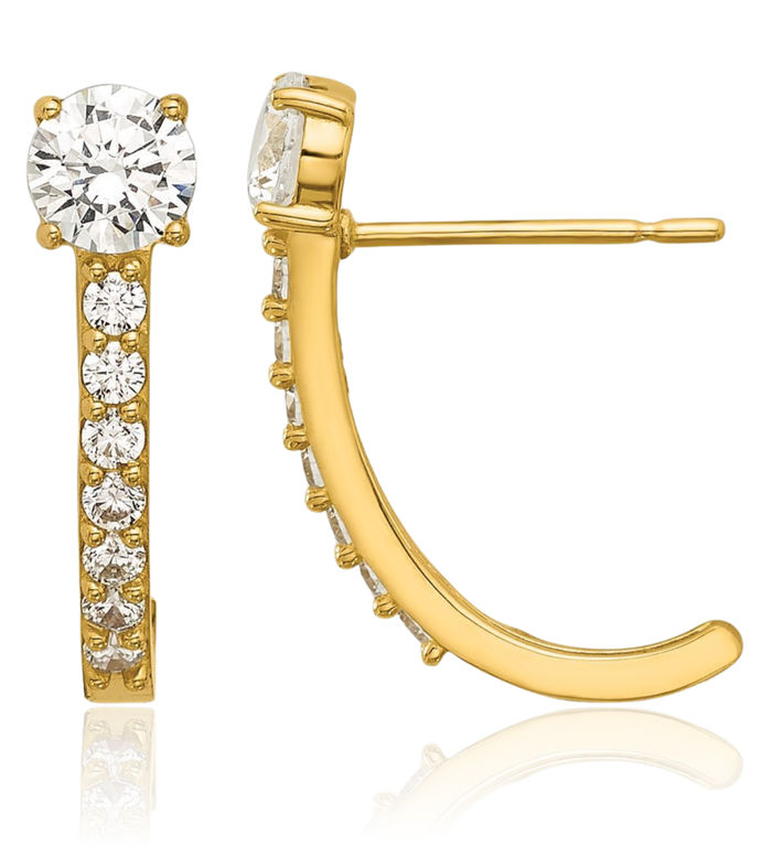 14K Solid Yellow Gold Cubic Zirconia CZ Post J Hoop Earrings