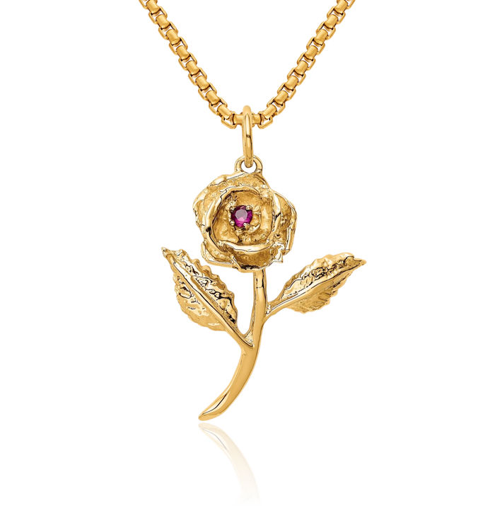 14K Solid Yellow Gold Red CZ Large Rose Flower Necklace