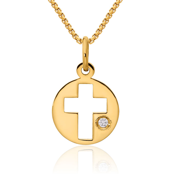 14K Solid Yellow Gold Cubic Zirconia CZ Circle Round Holy Cross Necklace Religious Chain Pendant Jesus Christ Charm