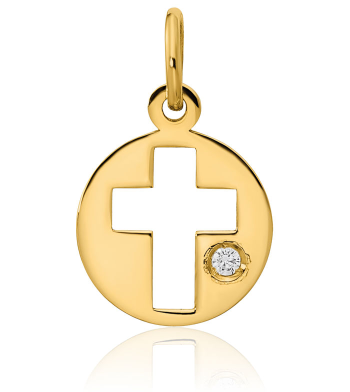 14K Solid Yellow Gold Cubic Zirconia CZ Circle Round Holy Cross Necklace Religious Chain Pendant Jesus Christ Charm