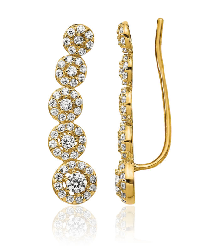 14K Solid Yellow Gold Cubic Zirconia CZ Circle Round Ear Climber Earrings