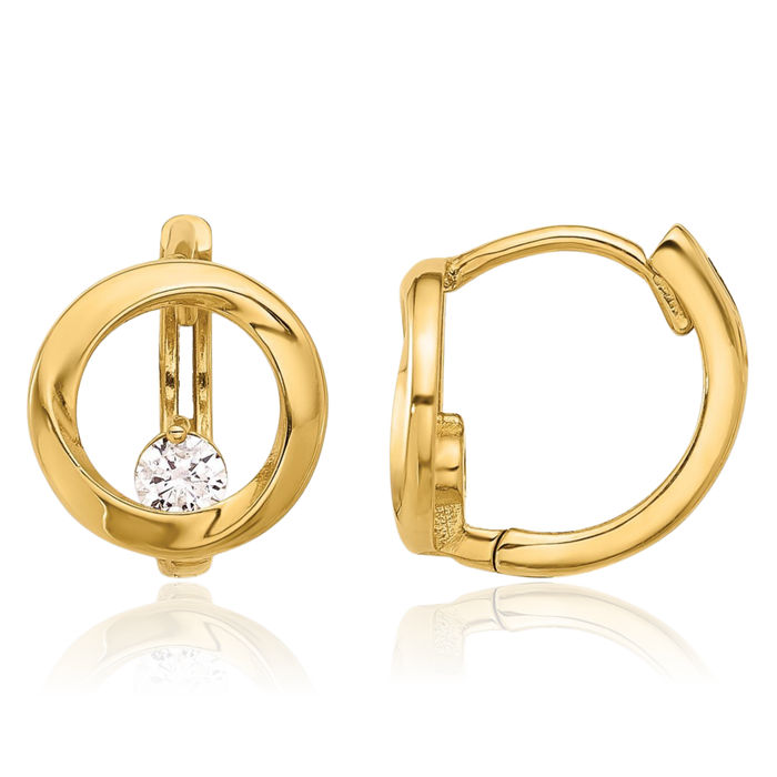 14K Solid Yellow Gold Cubic Zirconia CZ Circle Round Huggie Mini Small Hoop Earrings