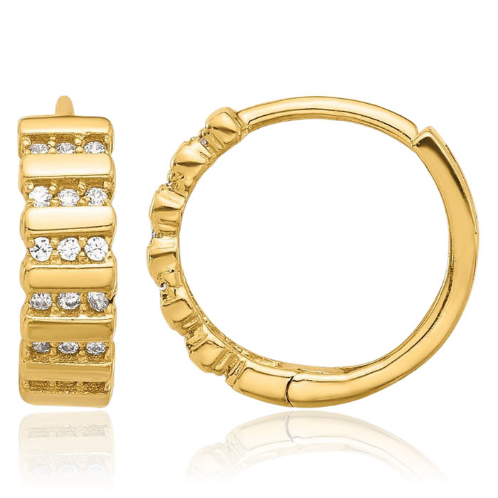 14K Solid Yellow Gold Cubic Zirconia CZ Round Huggie Mini Small Hoop Earrings