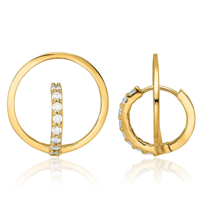 14K Solid Yellow Gold Cubic Zirconia CZ Circle Round Huggie Small Hoop Drop Dangle Earrings