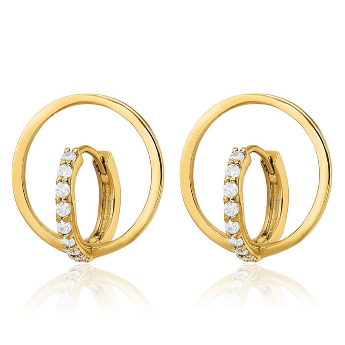 14K Solid Yellow Gold Cubic Zirconia CZ Circle Round Huggie Small Hoop Drop Dangle Earrings