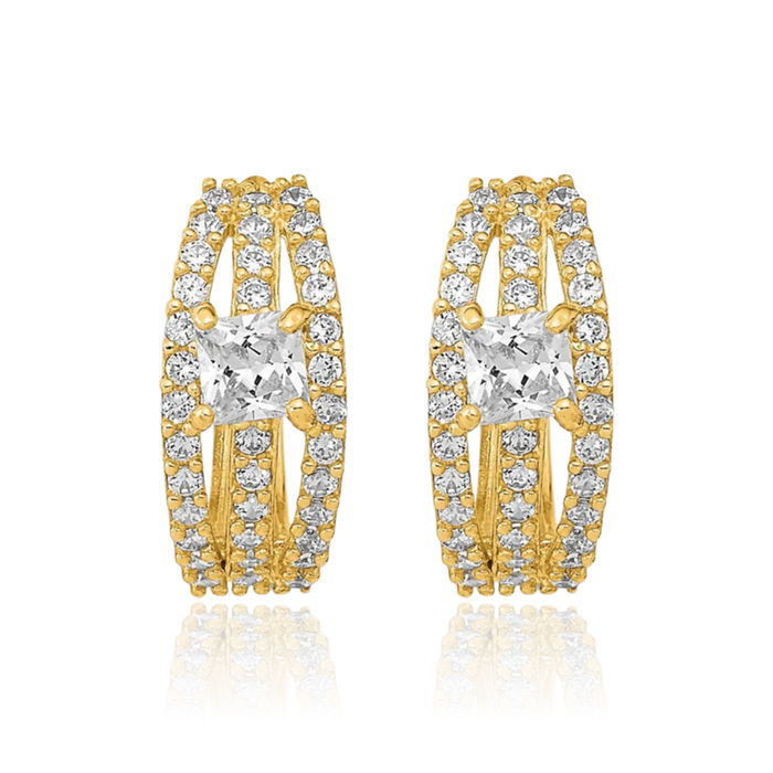 14K Solid Yellow Gold Cubic Zirconia CZ Round Huggie Small Hoop Earrings