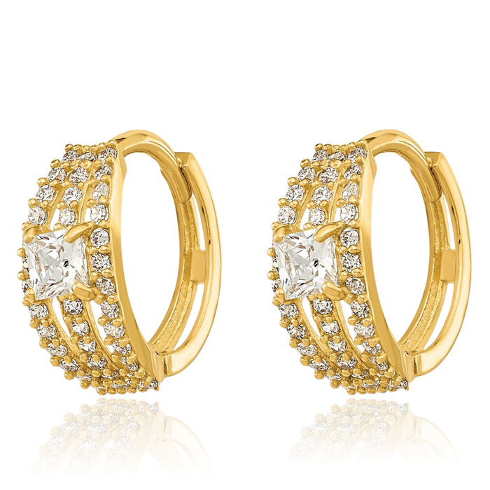 14K Solid Yellow Gold Cubic Zirconia CZ Round Huggie Small Hoop Earrings