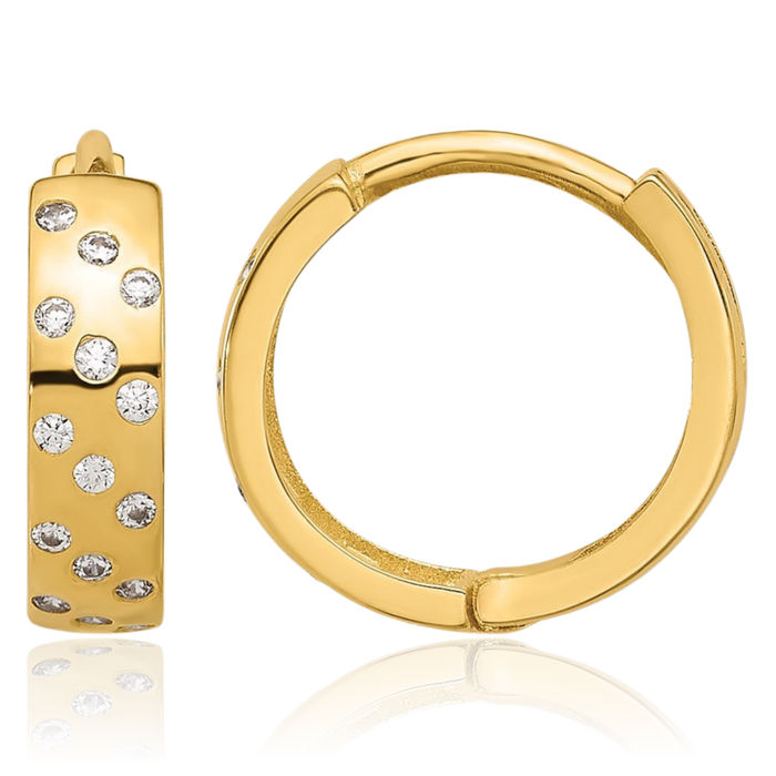 14K Solid Yellow Gold Cubic Zirconia CZ Round Huggie Small Hoop Earrings