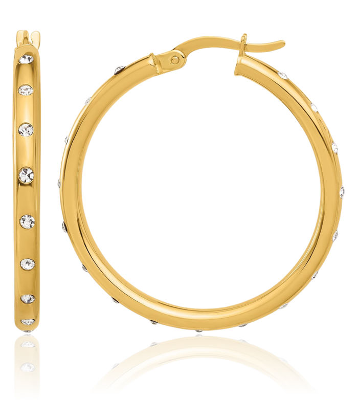 14K Solid Yellow Gold Cubic Zirconia CZ Round Medium Hoop Earrings