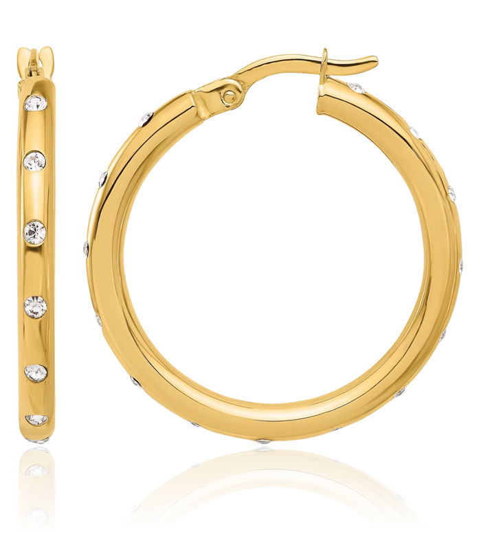 14K Solid Yellow Gold Cubic Zirconia CZ Round Medium Hoop Earrings