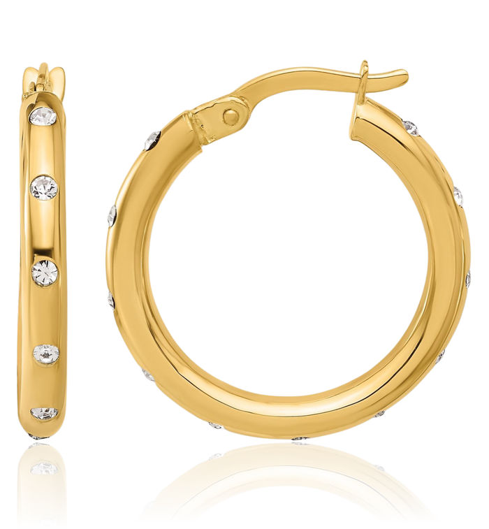 14K Solid Yellow Gold Cubic Zirconia CZ Round Medium Hoop Earrings