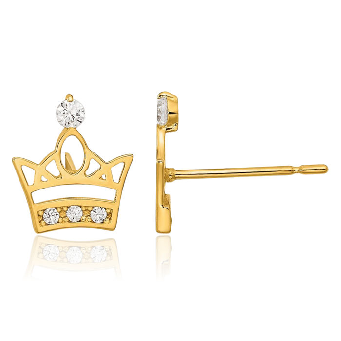 14K Solid Yellow Gold Cubic Zirconia CZ Royal Princess Crown Stud Earrings