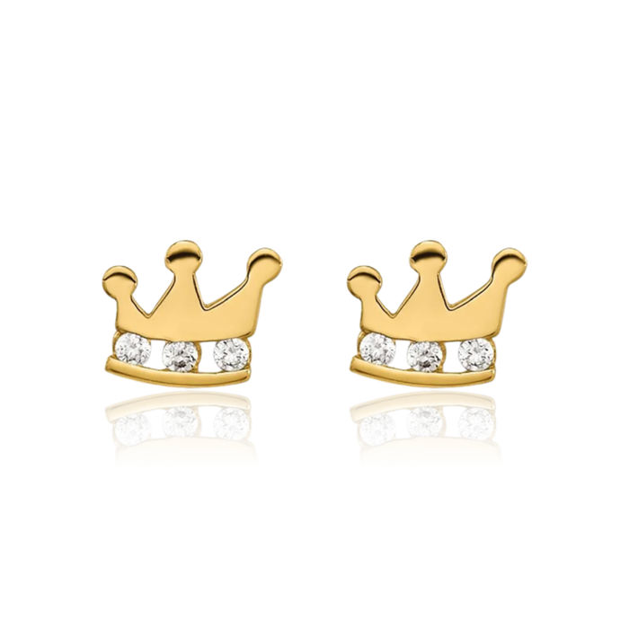 14K Solid Yellow Gold Cubic Zirconia CZ Royal Princess Crown Stud Earrings