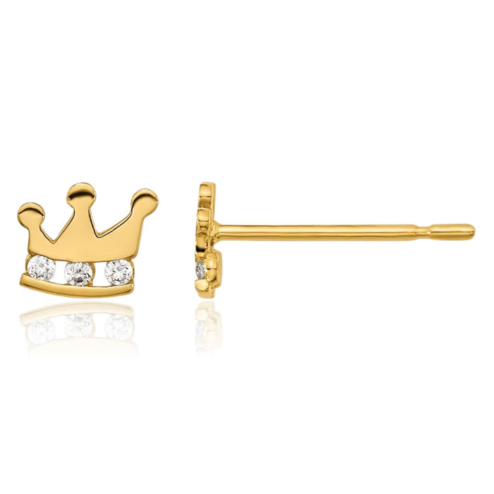 14K Solid Yellow Gold Cubic Zirconia CZ Royal Princess Crown Stud Earrings