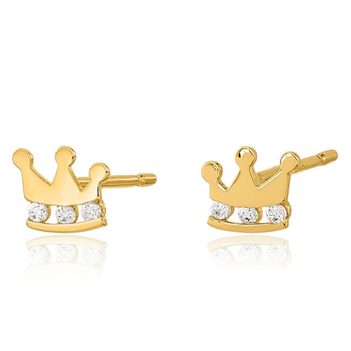14K Solid Yellow Gold Cubic Zirconia CZ Royal Princess Crown Stud Earrings