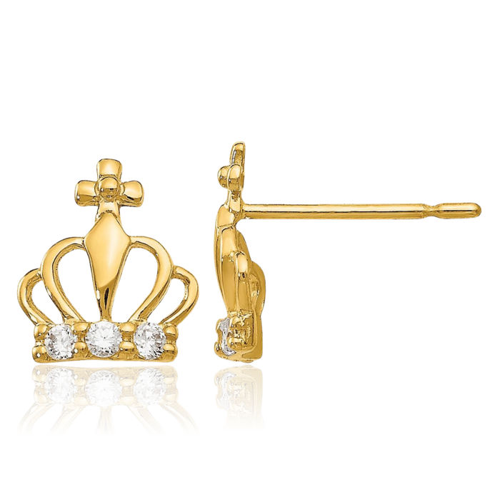 14K Solid Yellow Gold Cubic Zirconia CZ Royal Princess Crown Stud Earrings