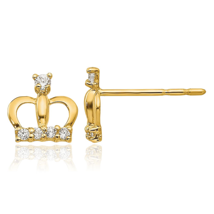 14K Solid Yellow Gold Cubic Zirconia CZ Royal Princess Crown Stud Earrings