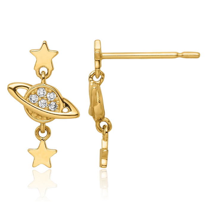 14K Solid Yellow Gold Cubic Zirconia CZ Saturn Stars Drop Dangle Earrings