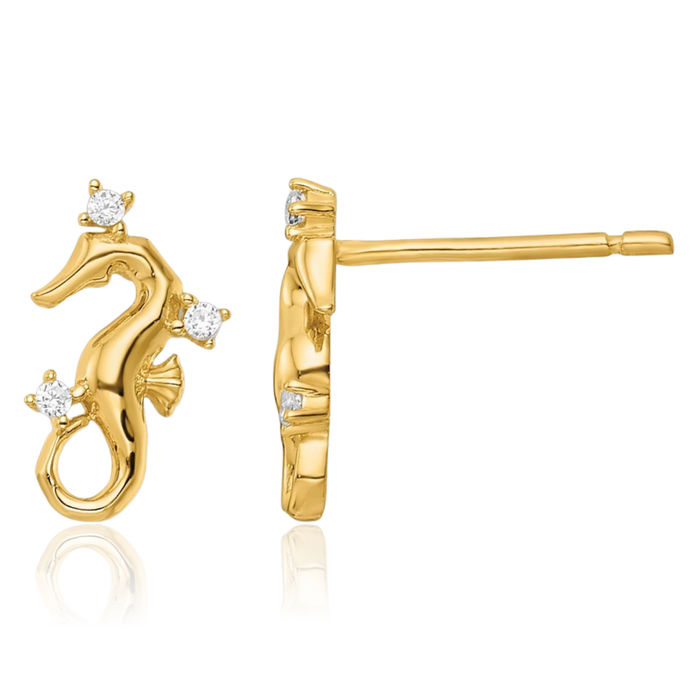 14K Solid Yellow Gold Cubic Zirconia CZ Seahorse Stud Earrings