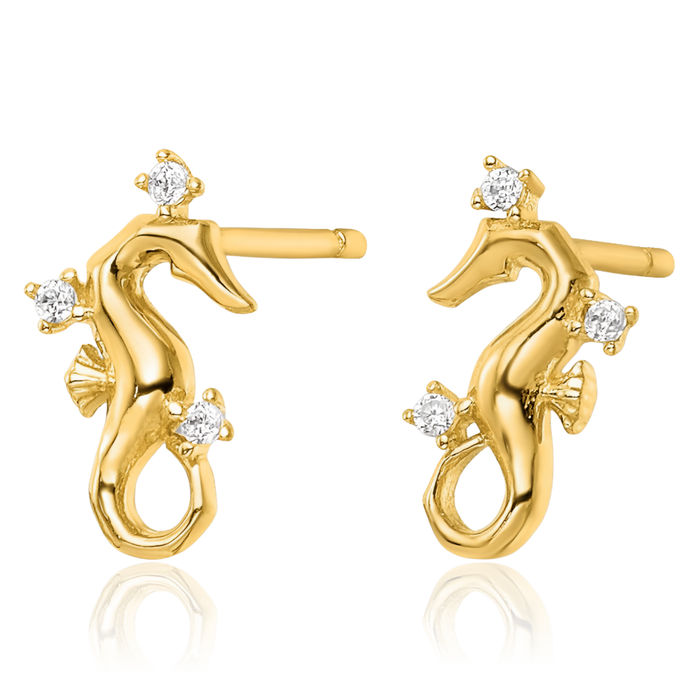 14K Solid Yellow Gold Cubic Zirconia CZ Seahorse Stud Earrings