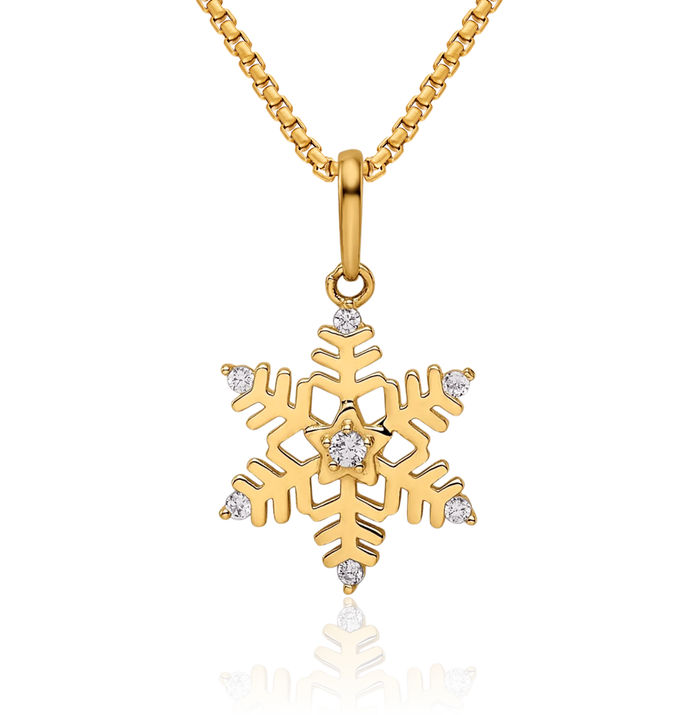 14K Solid Yellow Gold Cubic Zirconia CZ Snowflake Necklace Chain Pendant Charm